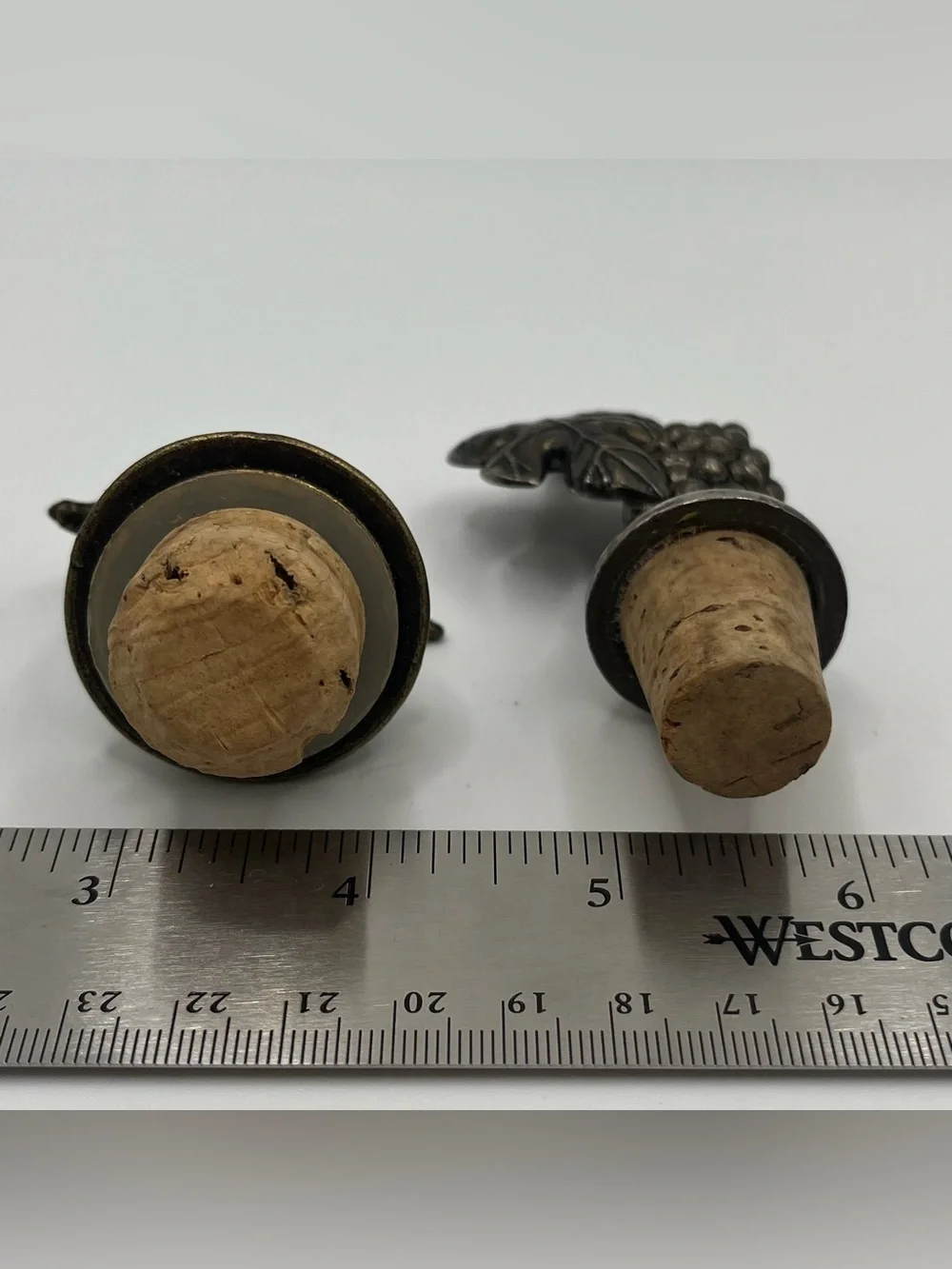 Vintage Silver Tone & Brass Toned Metal Bottle Stoppers - Set of 2, Jockey Grape